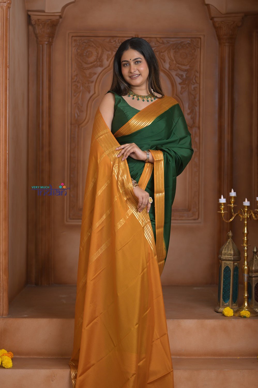 Shubh Lakshmi ~ Handloom Pure Mysore Silk Crepe Saree in Dark Green and Yellow (Silk Mark Certified) - verymuchindian.com