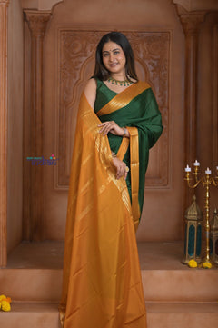 Shubh Lakshmi ~ Handloom Pure Mysore Silk Crepe Saree in Dark Green and Yellow (Silk Mark Certified) - verymuchindian.com
