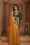 Shubh Lakshmi ~ Handloom Pure Mysore Silk Crepe Saree in Dark Green and Yellow (Silk Mark Certified) - verymuchindian.com