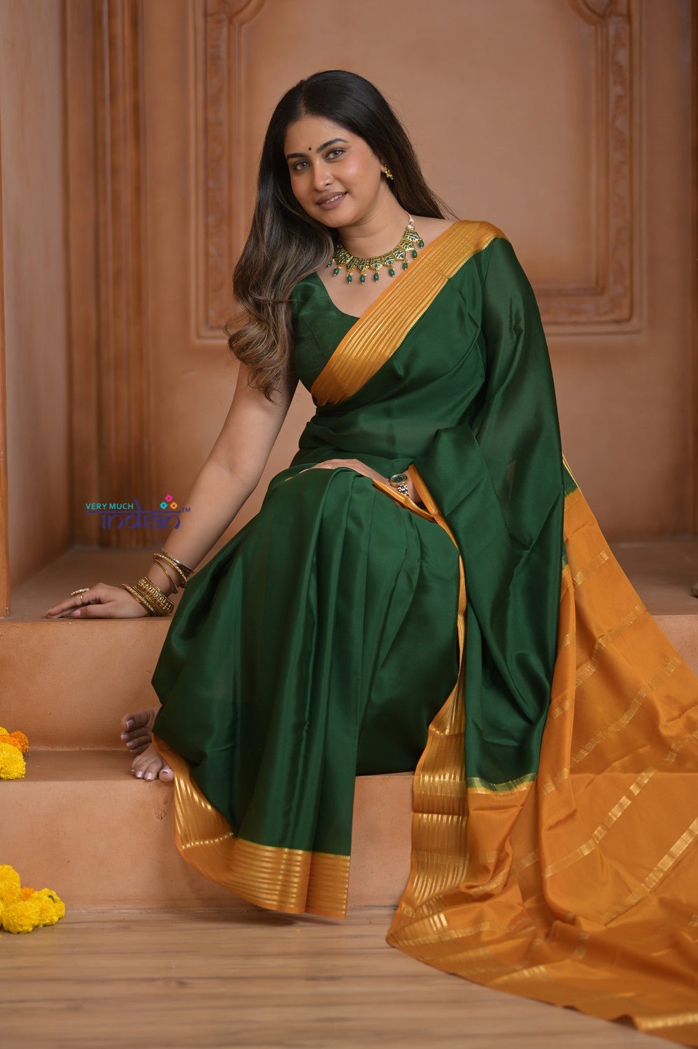 Shubh Lakshmi ~ Handloom Pure Mysore Silk Crepe Saree in Dark Green and Yellow (Silk Mark Certified) - verymuchindian.com