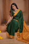 Shubh Lakshmi ~ Handloom Pure Mysore Silk Crepe Saree in Dark Green and Yellow (Silk Mark Certified) - verymuchindian.com