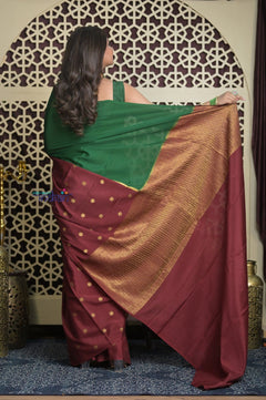 Shubh Lakshmi ~ Handloom Pure Mysore Silk Crepe Saree in Green and Dark Maroon (Silk Mark Certified) - verymuchindian.com