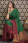 Shubh Lakshmi ~ Handloom Pure Mysore Silk Crepe Saree in Green and Dark Maroon (Silk Mark Certified) - verymuchindian.com