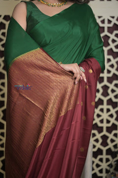 Shubh Lakshmi ~ Handloom Pure Mysore Silk Crepe Saree in Green and Dark Maroon (Silk Mark Certified) - verymuchindian.com