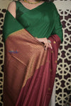 Shubh Lakshmi ~ Handloom Pure Mysore Silk Crepe Saree in Green and Dark Maroon (Silk Mark Certified) - verymuchindian.com