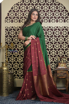 Shubh Lakshmi ~ Handloom Pure Mysore Silk Crepe Saree in Green and Dark Maroon (Silk Mark Certified) - verymuchindian.com