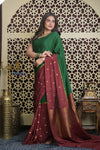 Shubh Lakshmi ~ Handloom Pure Mysore Silk Crepe Saree in Green and Dark Maroon (Silk Mark Certified) - verymuchindian.com