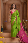 Shubh Lakshmi ~ Handloom Pure Mysore Silk Crepe Saree in Leaf Green and Pink (Silk Mark Certified) - verymuchindian.com