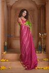 Shubh Lakshmi ~ Handloom Pure Mysore Silk Crepe Saree in Leaf Green and Pink (Silk Mark Certified) - verymuchindian.com