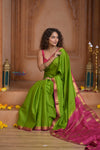 Shubh Lakshmi ~ Handloom Pure Mysore Silk Crepe Saree in Leaf Green and Pink (Silk Mark Certified) - verymuchindian.com
