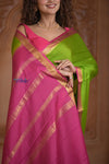 Shubh Lakshmi ~ Handloom Pure Mysore Silk Crepe Saree in Leaf Green and Pink (Silk Mark Certified) - verymuchindian.com