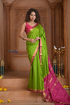 Shubh Lakshmi ~ Handloom Pure Mysore Silk Crepe Saree in Leaf Green and Pink (Silk Mark Certified) - verymuchindian.com
