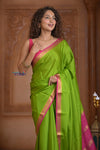 Shubh Lakshmi ~ Handloom Pure Mysore Silk Crepe Saree in Leaf Green and Pink (Silk Mark Certified) - verymuchindian.com