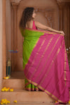Shubh Lakshmi ~ Handloom Pure Mysore Silk Crepe Saree in Leaf Green and Pink (Silk Mark Certified) - verymuchindian.com