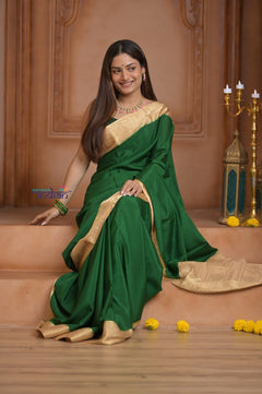 Shubh Lakshmi ~ Handloom Pure Mysore Silk Crepe Saree in Leaf Green Gold (Silk Mark Certified) - verymuchindian.com