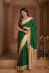 Shubh Lakshmi ~ Handloom Pure Mysore Silk Crepe Saree in Leaf Green Gold (Silk Mark Certified) - verymuchindian.com