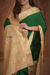 Shubh Lakshmi ~ Handloom Pure Mysore Silk Crepe Saree in Leaf Green Gold (Silk Mark Certified) - verymuchindian.com