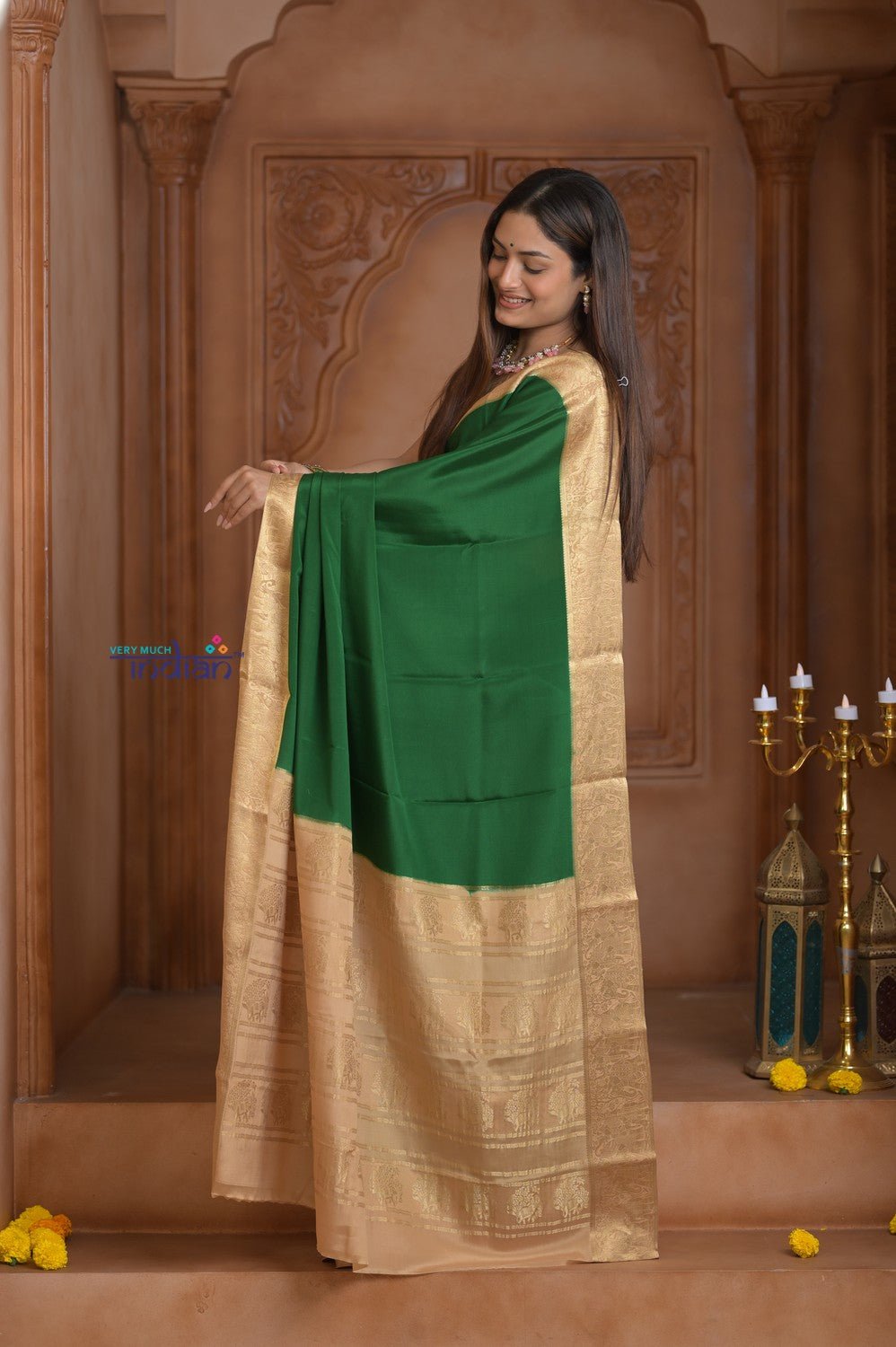 Shubh Lakshmi ~ Handloom Pure Mysore Silk Crepe Saree in Leaf Green Gold (Silk Mark Certified) - verymuchindian.com