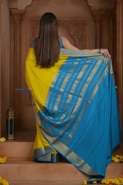 Shubh Lakshmi ~ Handloom Pure Mysore Silk Crepe Saree in Lime Yellow and Blue (Silk Mark Certified) - verymuchindian.com