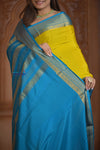 Shubh Lakshmi ~ Handloom Pure Mysore Silk Crepe Saree in Lime Yellow and Blue (Silk Mark Certified) - verymuchindian.com