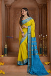 Shubh Lakshmi ~ Handloom Pure Mysore Silk Crepe Saree in Lime Yellow and Blue (Silk Mark Certified) - verymuchindian.com