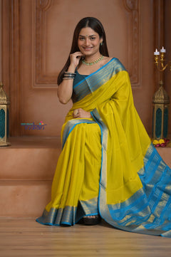 Shubh Lakshmi ~ Handloom Pure Mysore Silk Crepe Saree in Lime Yellow and Blue (Silk Mark Certified) - verymuchindian.com