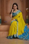 Shubh Lakshmi ~ Handloom Pure Mysore Silk Crepe Saree in Lime Yellow and Blue (Silk Mark Certified) - verymuchindian.com