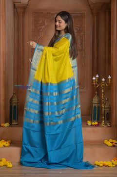 Shubh Lakshmi ~ Handloom Pure Mysore Silk Crepe Saree in Lime Yellow and Blue (Silk Mark Certified) - verymuchindian.com