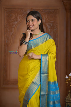 Shubh Lakshmi ~ Handloom Pure Mysore Silk Crepe Saree in Lime Yellow and Blue (Silk Mark Certified) - verymuchindian.com