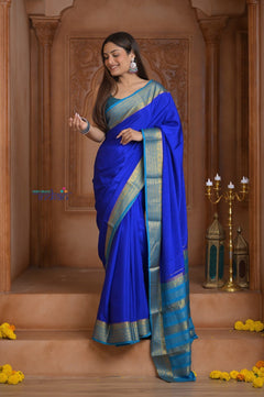 Shubh Lakshmi ~ Handloom Pure Mysore Silk Crepe Saree in Marine Blue (Silk Mark Certified) - verymuchindian.com