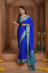 Shubh Lakshmi ~ Handloom Pure Mysore Silk Crepe Saree in Marine Blue (Silk Mark Certified) - verymuchindian.com
