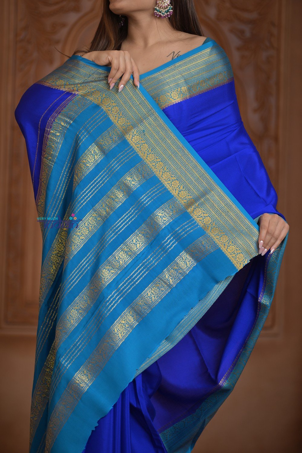 Shubh Lakshmi ~ Handloom Pure Mysore Silk Crepe Saree in Marine Blue (Silk Mark Certified) - verymuchindian.com
