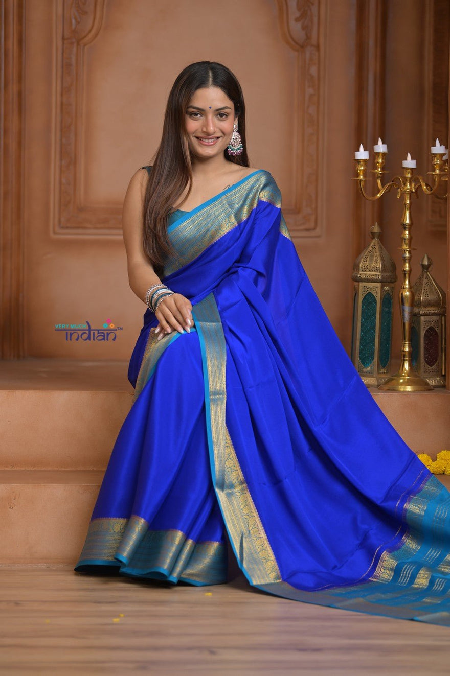 Shubh Lakshmi ~ Handloom Pure Mysore Silk Crepe Saree in Marine Blue (Silk Mark Certified) - verymuchindian.com