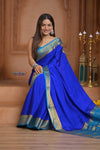 Shubh Lakshmi ~ Handloom Pure Mysore Silk Crepe Saree in Marine Blue (Silk Mark Certified) - verymuchindian.com
