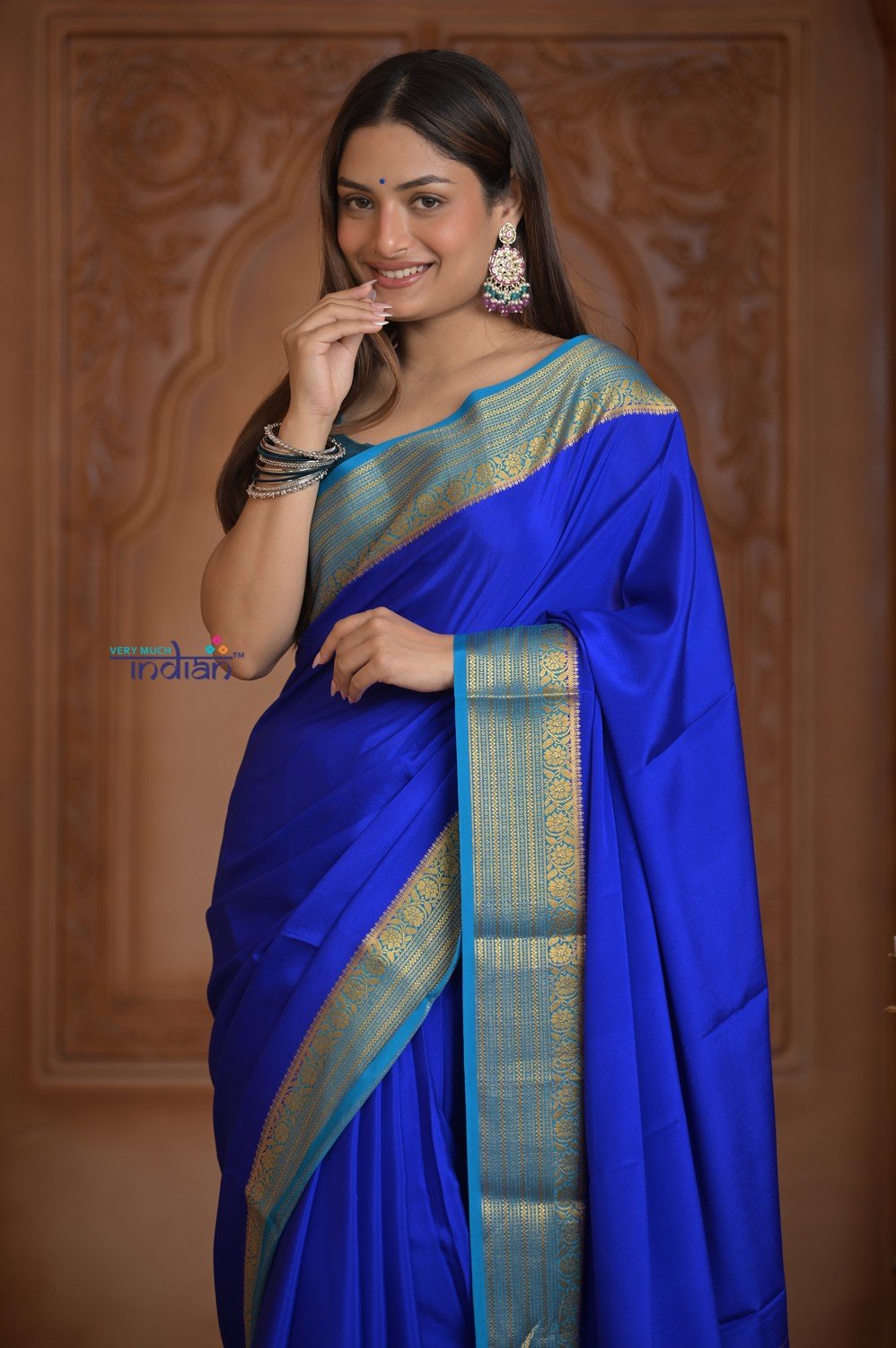 Shubh Lakshmi ~ Handloom Pure Mysore Silk Crepe Saree in Marine Blue (Silk Mark Certified) - verymuchindian.com