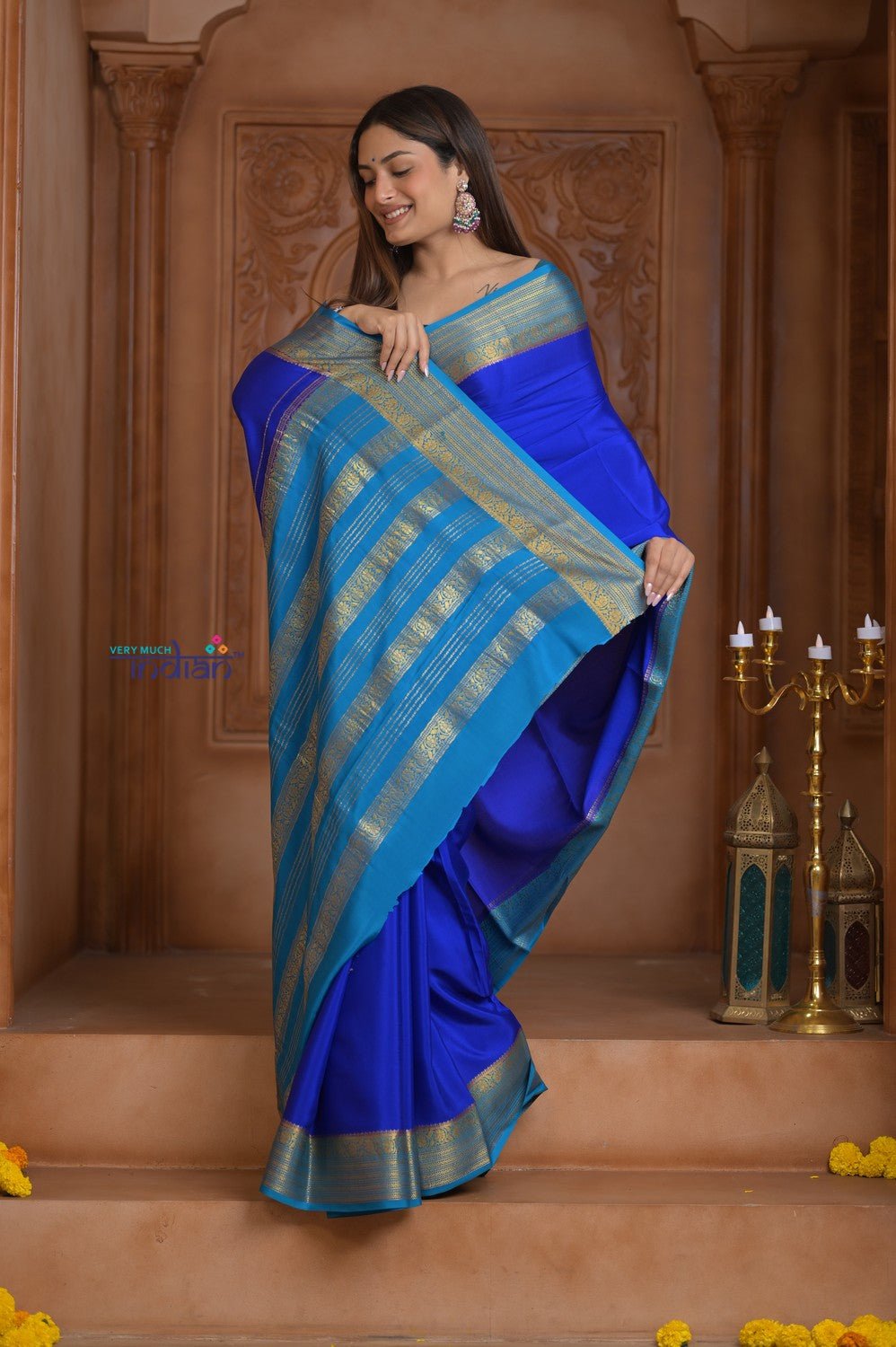 Shubh Lakshmi ~ Handloom Pure Mysore Silk Crepe Saree in Marine Blue (Silk Mark Certified) - verymuchindian.com