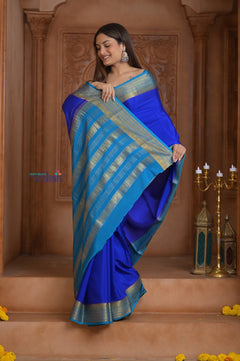 Shubh Lakshmi ~ Handloom Pure Mysore Silk Crepe Saree in Marine Blue (Silk Mark Certified) - verymuchindian.com