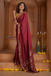 Shubh Lakshmi ~ Handloom Pure Mysore Silk Crepe Saree in Maroon and Gold (Silk Mark Certified) - verymuchindian.com