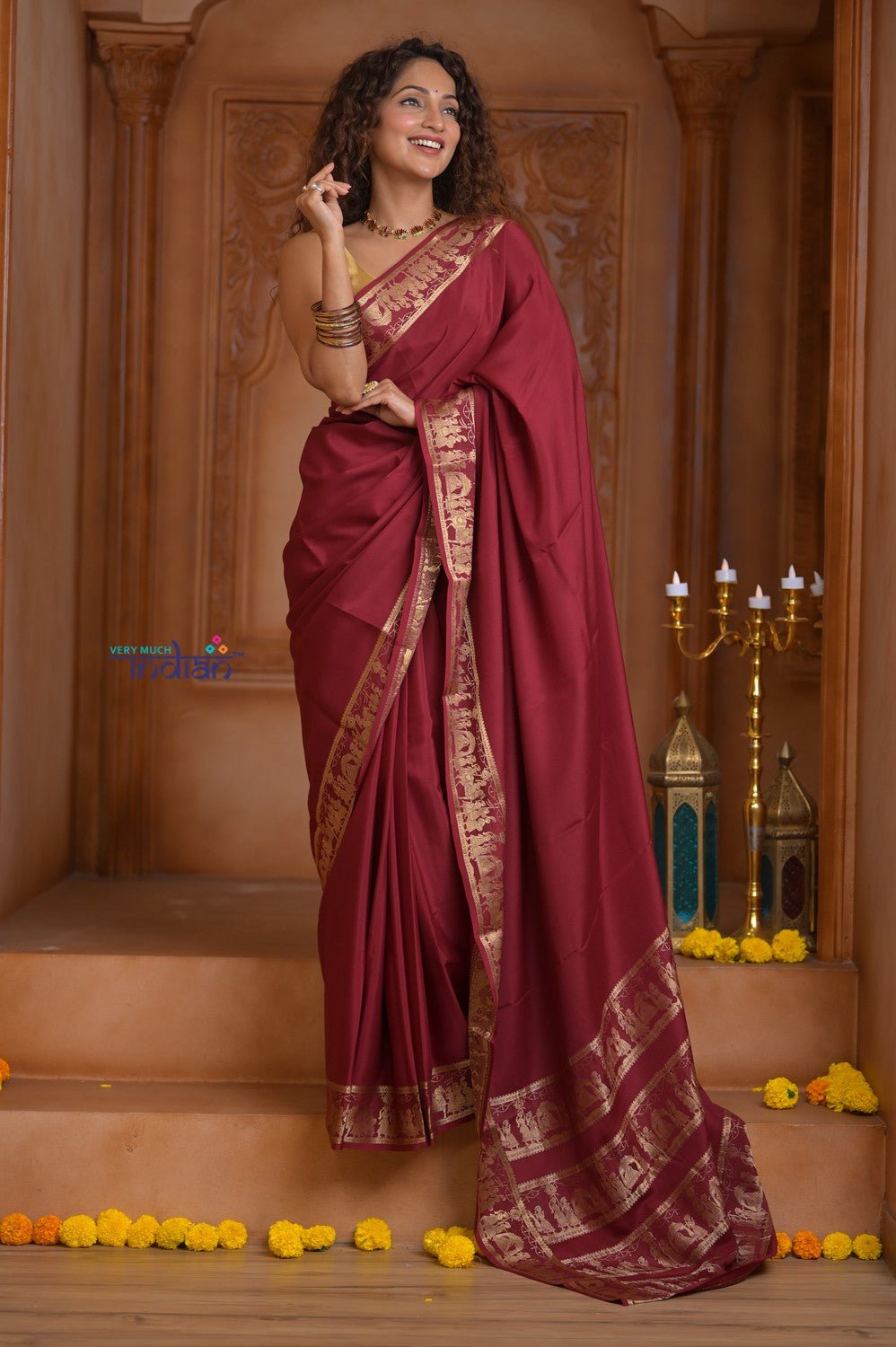 Shubh Lakshmi ~ Handloom Pure Mysore Silk Crepe Saree in Maroon and Gold (Silk Mark Certified) - verymuchindian.com