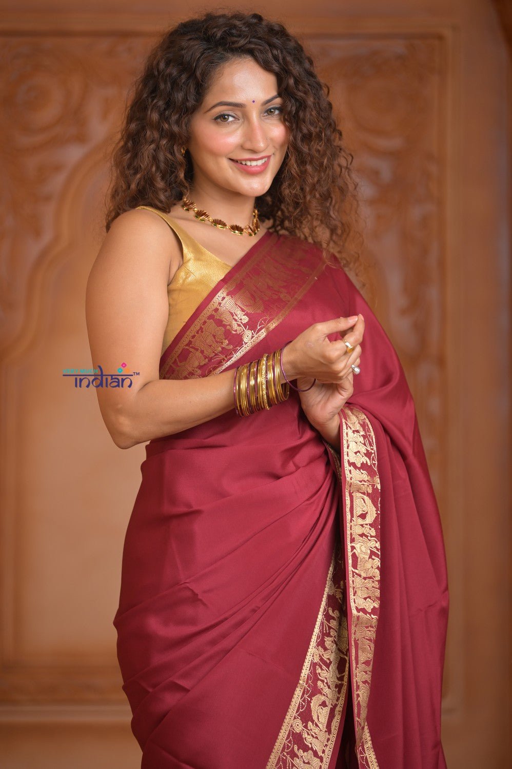 Shubh Lakshmi ~ Handloom Pure Mysore Silk Crepe Saree in Maroon and Gold (Silk Mark Certified) - verymuchindian.com