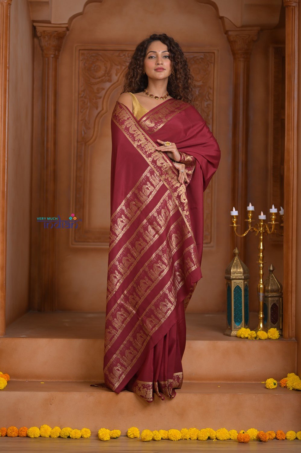 Shubh Lakshmi ~ Handloom Pure Mysore Silk Crepe Saree in Maroon and Gold (Silk Mark Certified) - verymuchindian.com