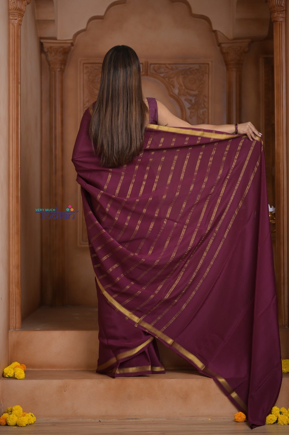 Shubh Lakshmi ~ Handloom Pure Mysore Silk Crepe Saree in Maroon and Gold (Silk Mark Certified) - verymuchindian.com