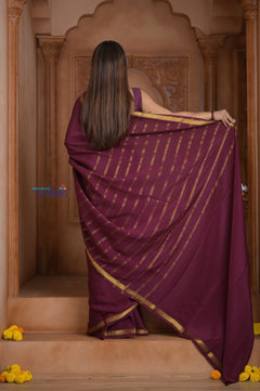 Shubh Lakshmi ~ Handloom Pure Mysore Silk Crepe Saree in Maroon and Gold (Silk Mark Certified) - verymuchindian.com