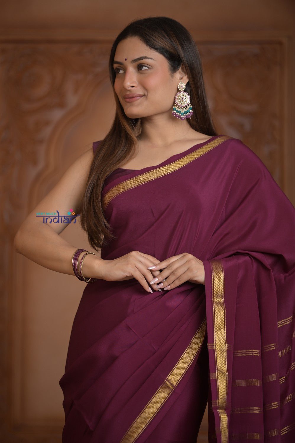 Shubh Lakshmi ~ Handloom Pure Mysore Silk Crepe Saree in Maroon and Gold (Silk Mark Certified) - verymuchindian.com