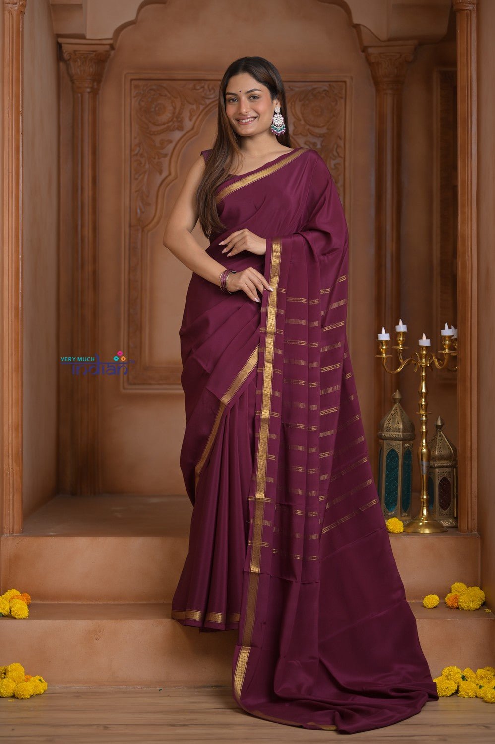Shubh Lakshmi ~ Handloom Pure Mysore Silk Crepe Saree in Maroon and Gold (Silk Mark Certified) - verymuchindian.com