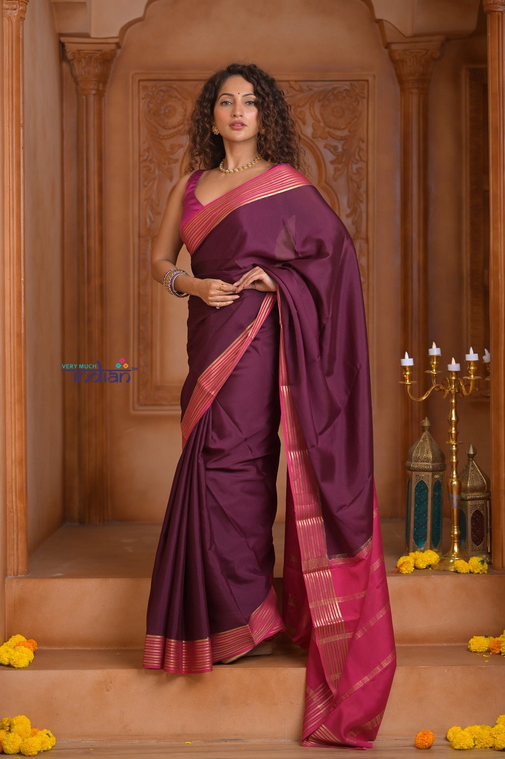 Shubh Lakshmi ~ Handloom Pure Mysore Silk Crepe Saree in Maroon and Pink (Silk Mark Certified) - verymuchindian.com