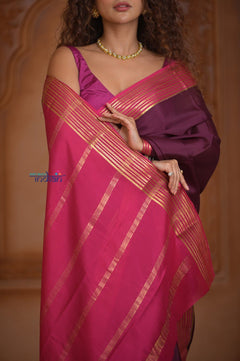 Shubh Lakshmi ~ Handloom Pure Mysore Silk Crepe Saree in Maroon and Pink (Silk Mark Certified) - verymuchindian.com