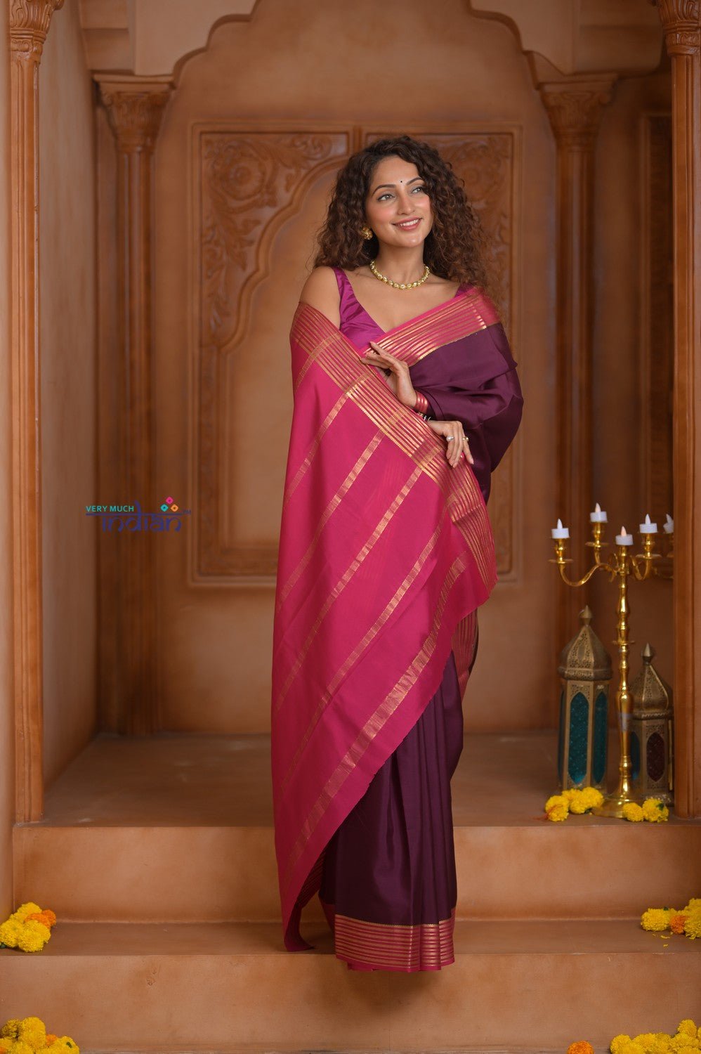 Shubh Lakshmi ~ Handloom Pure Mysore Silk Crepe Saree in Maroon and Pink (Silk Mark Certified) - verymuchindian.com