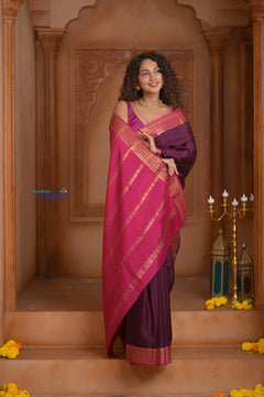 Shubh Lakshmi ~ Handloom Pure Mysore Silk Crepe Saree in Maroon and Pink (Silk Mark Certified) - verymuchindian.com