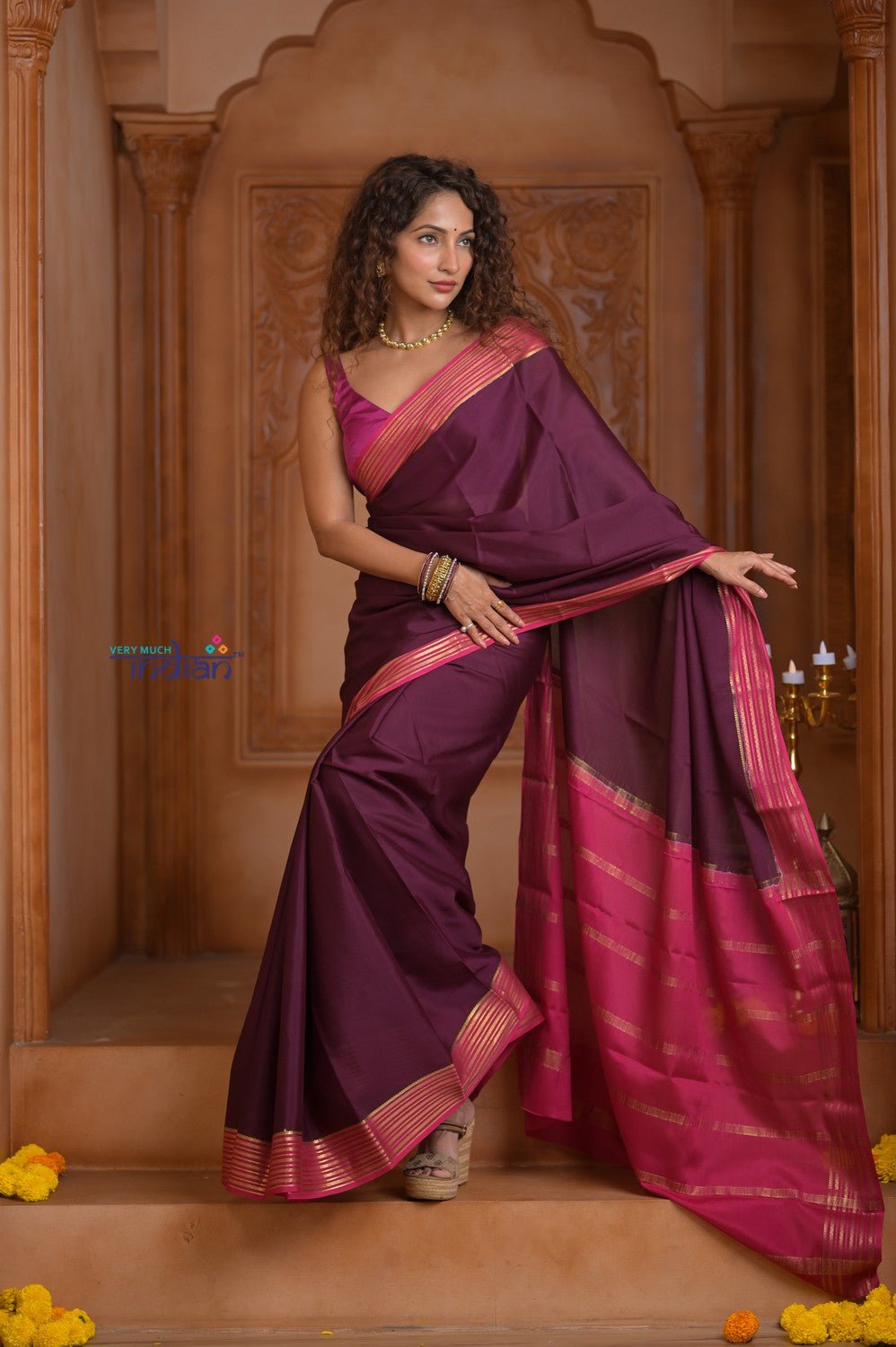 Shubh Lakshmi ~ Handloom Pure Mysore Silk Crepe Saree in Maroon and Pink (Silk Mark Certified) - verymuchindian.com